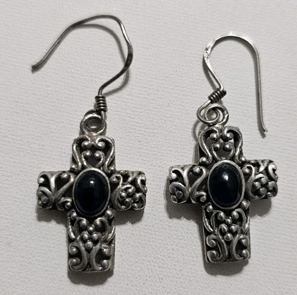 Onyx Cross Filigree Dangle Silver Earrings 925